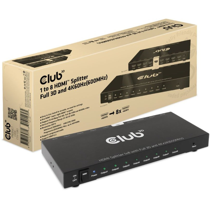 Club 3D 1 to 8 HDMI Splitter Full 3D and 4K60Hz (600MHz) (Black)